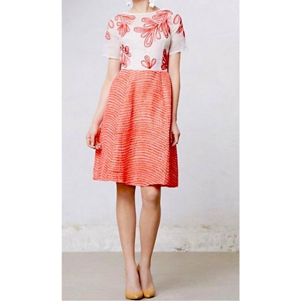 Tracy Reese Embroidered A-Line Dress Cotton Silk Linen Pocket Size 6